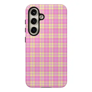 Pink & Yellow Plaid Design Phone Case, Shockproof Rugged Cover Dual Layer Soft TPU Hard Bumper Shell for Samsung S26 S25 S24 S23 S22 S21 NOTE20 Ultra A71 A56 A36 Plus FE A06 A13 A14 A15 A16 A23 A25 A26 A34 A52 A53 A54 A55 Edge