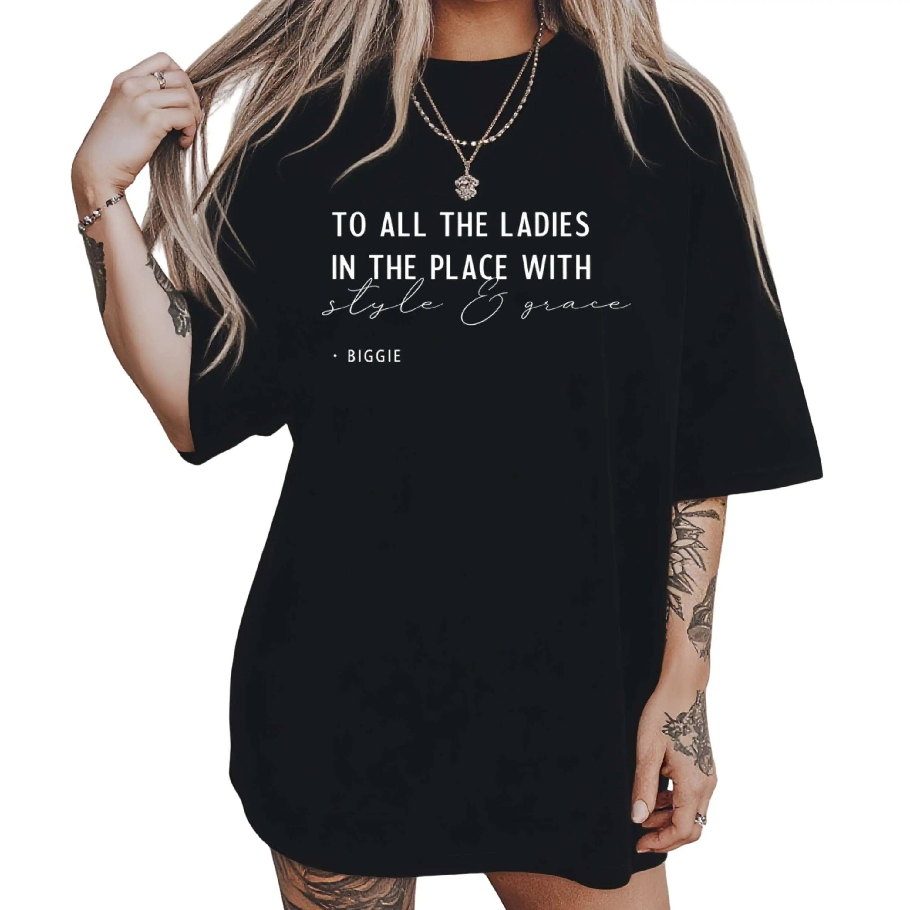 Women's Cotton Crewneck Short Sleeve T-Shirt, Biggie "TO ALL THE LADIES..." Lyric Print, Retro 90s Hip-Hop Statement Top, Machine Washable Rap Music Fan Casual Streetwear Gift