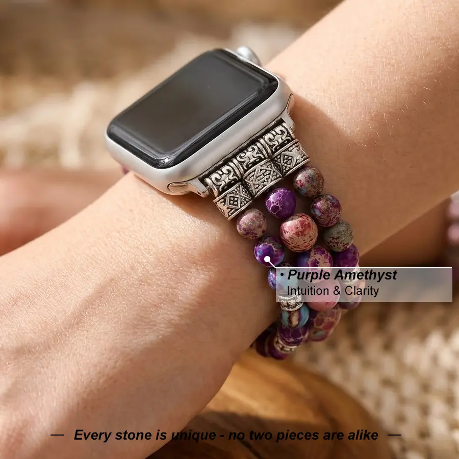 Bohemian Natural Stone Aple Wat Band, Handmade Beaded Boho Smartwatch Strap Compatible with Apple Watch Series 9/8/7/6/5/4/3/SE/Ultra, Elastic Woven Wristband for Women Adjustable Cord