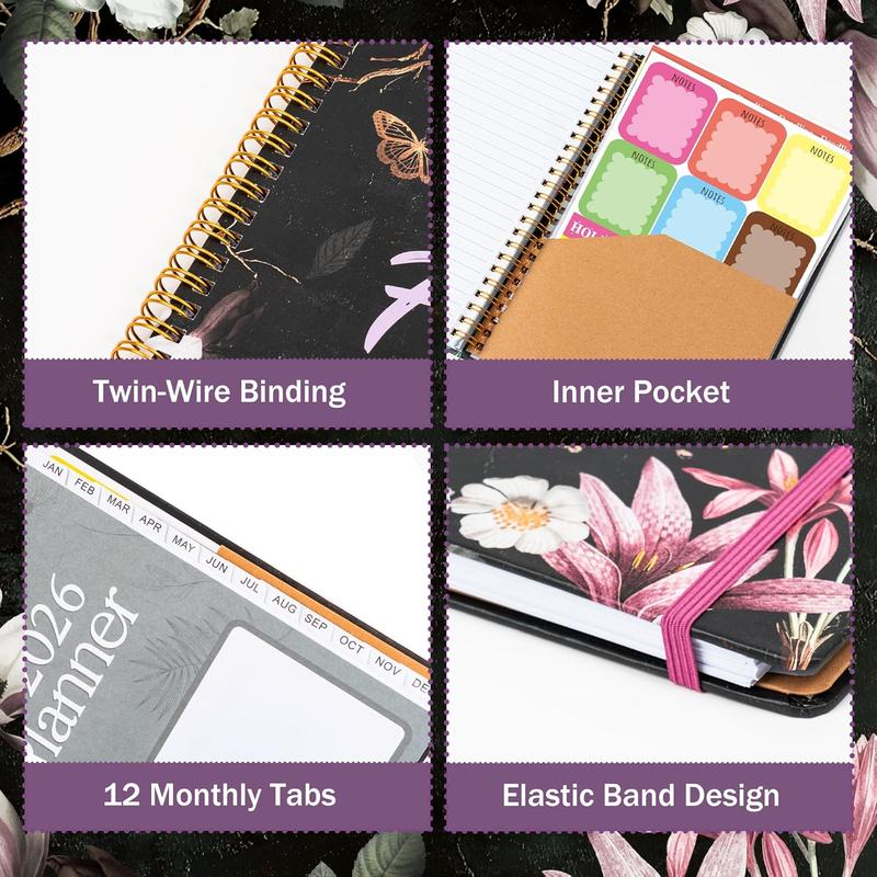 2026 Weekly and Monthly Planner, Dark Romantic Notebook, featuring floral and skull patterns, perfect as a New Year's holiday gift.  Hardcover calendar, A5 size, includes labels, stickers, and a back pocket.