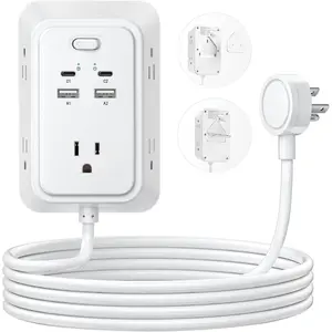 6ft Flat Plug Extension Cord,  Multi Outlet Extender with 5 Outlets and 4 USB Ports (2 USB-C), 3-Sided Wall Mount Charger, 1800J Surge Protector Power Strip for , Office, College Dorm