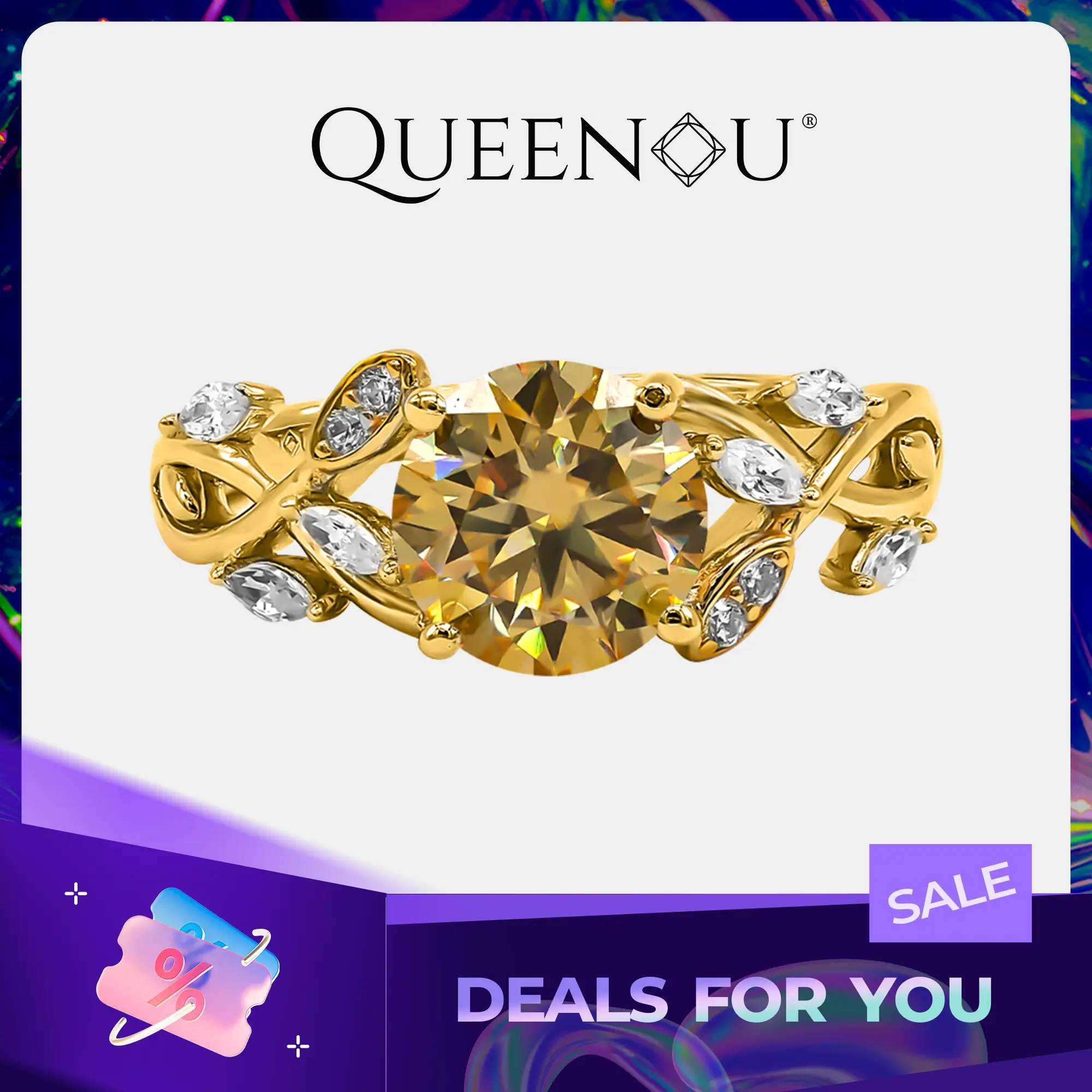 【729】Elegant 2-Carat Synthetic Moissanite Vine Engagement Ring, Yellow-Plated Artificial Gemstone Ring for Adults, Ideal Gift, Two Carats