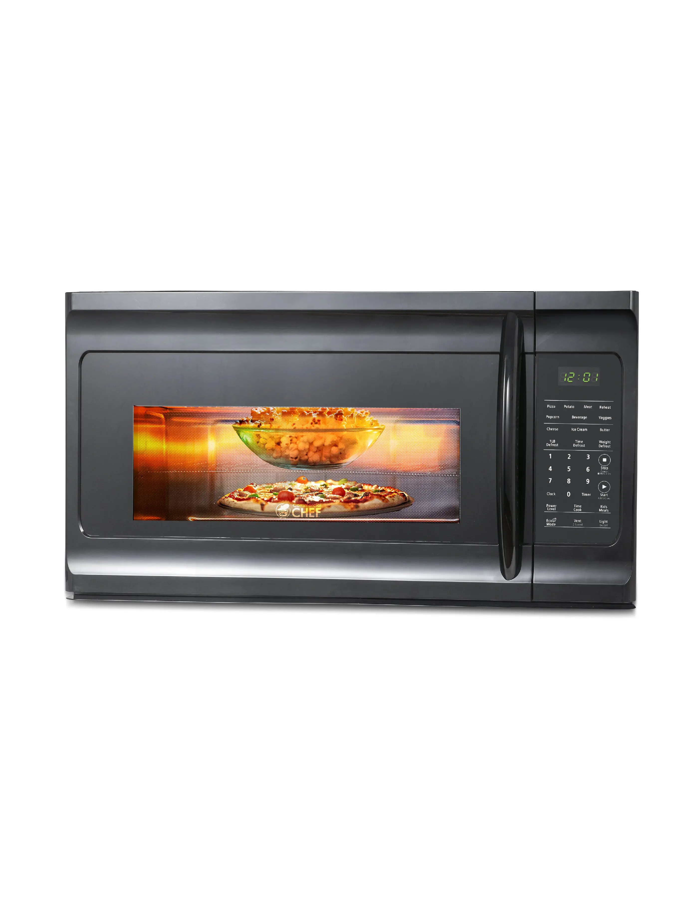 Commercial Chef 1.7 Cu. Ft. Over-The-Range Microwave Oven, 1000 Watt Microwave with 10 Power Levels, 300 CFM Hidden Vent Hood Fan, Touch Controls, LED Display, 10 Preset Options, CHMR17GB, Black