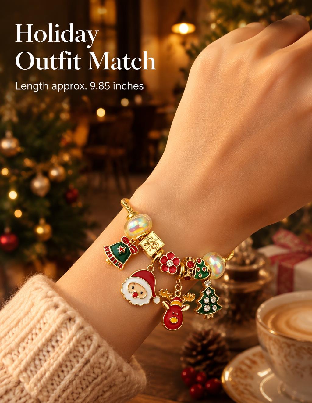 Christmas Charm Bracelet for Women, Gold Plated Snake Chain Beaded Bracelet with Santa Claus, Reindeer, Christmas Tree Enamel Charms, Holiday Xmas Jewelry Gift