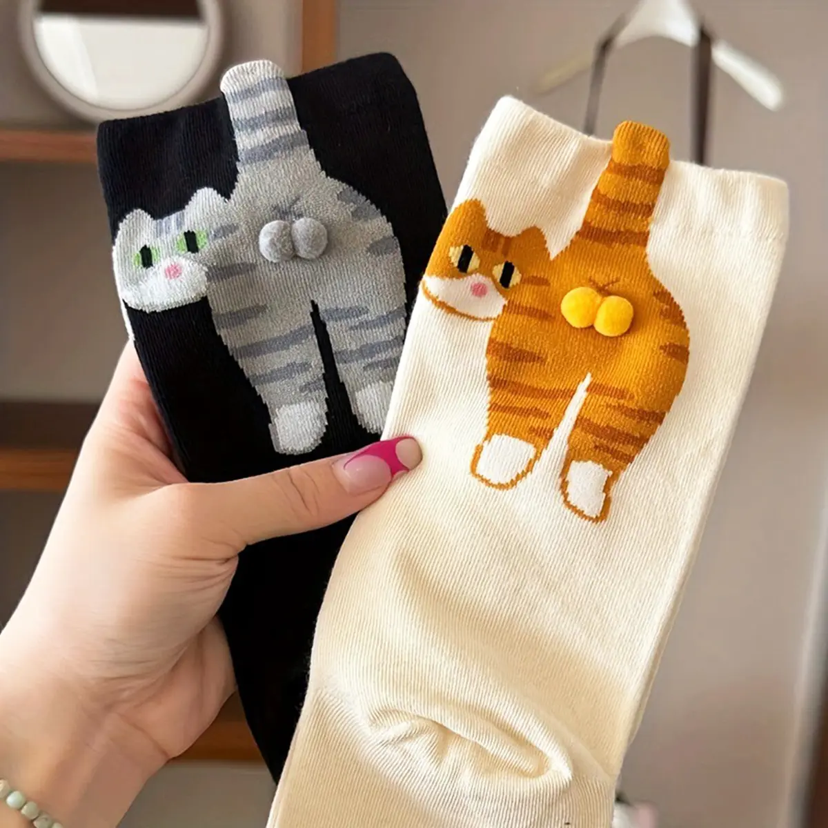 Women's Cute Cat Crew Socks 2-Pack, Comfortable Cotton Animal Print with Pom Poms for Everyday Wear, Fun Gift Idea, Cartoon