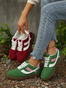Vintage Sporty Sneakers for Women, Artificial Leather Low Top Shoes, Anti-Slip Rubber Sole, Perfect for Spring & Fall, Campus Style