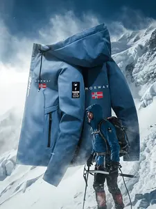 Unisex Full-Zip Hooded Long Sleeve Jacket, Windproof Outdoor Coat with Norway Pattern, Durable Polyester Fabric, Multiple Pockets