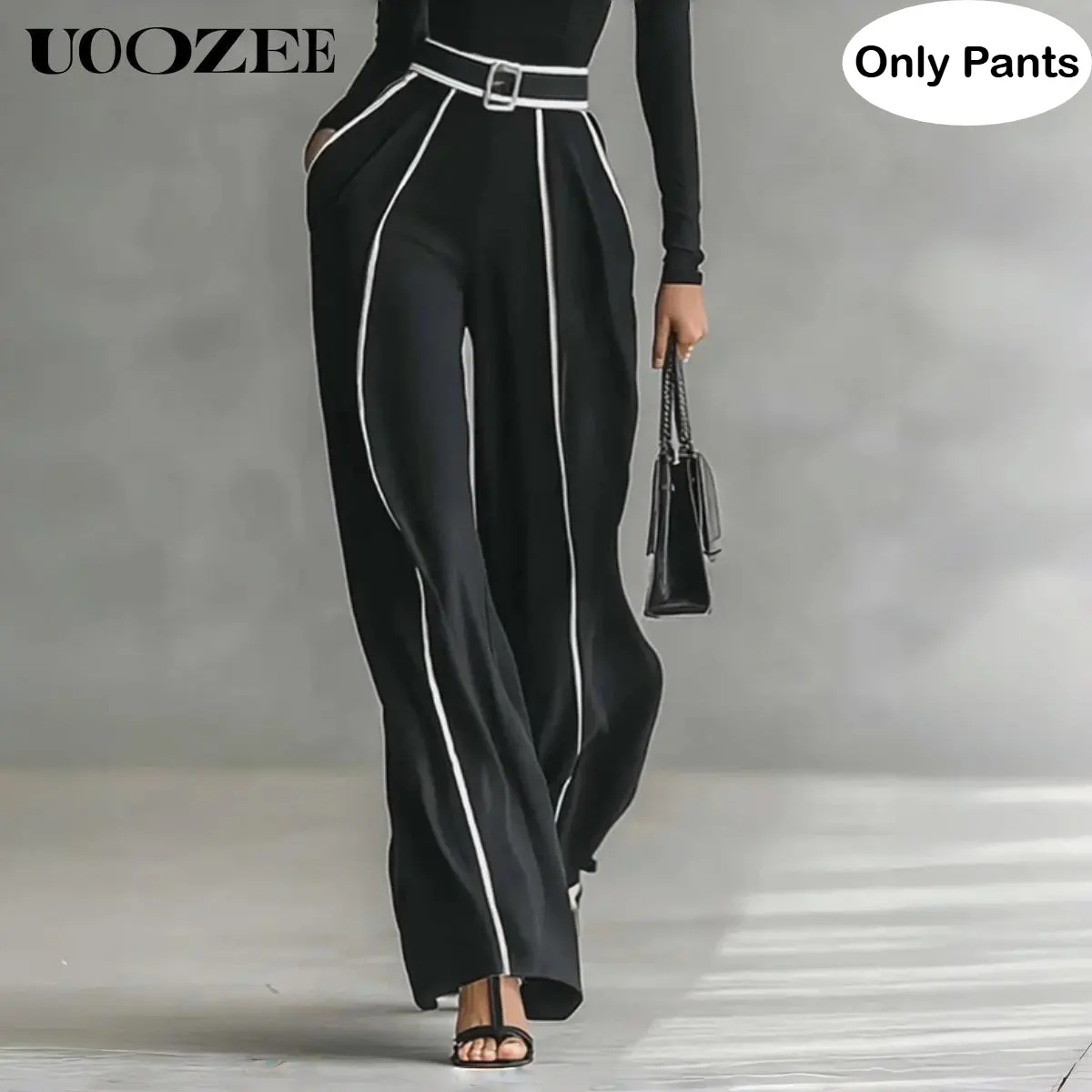 UOOZEE Women's Street Style Pants with White Side Stripe, High-Waist Wide-Leg in Fitted Stretch Spandex with Matching Belt, Pairs with Turtleneck or Camisole, Bottom, Zipper