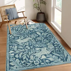 English Countryside Rabbit Bird Plant Leaf Mushroom Large Area Rug, Creative Art Design, Washable Non-Slip Plush Carpet for Living Room Bedroom
