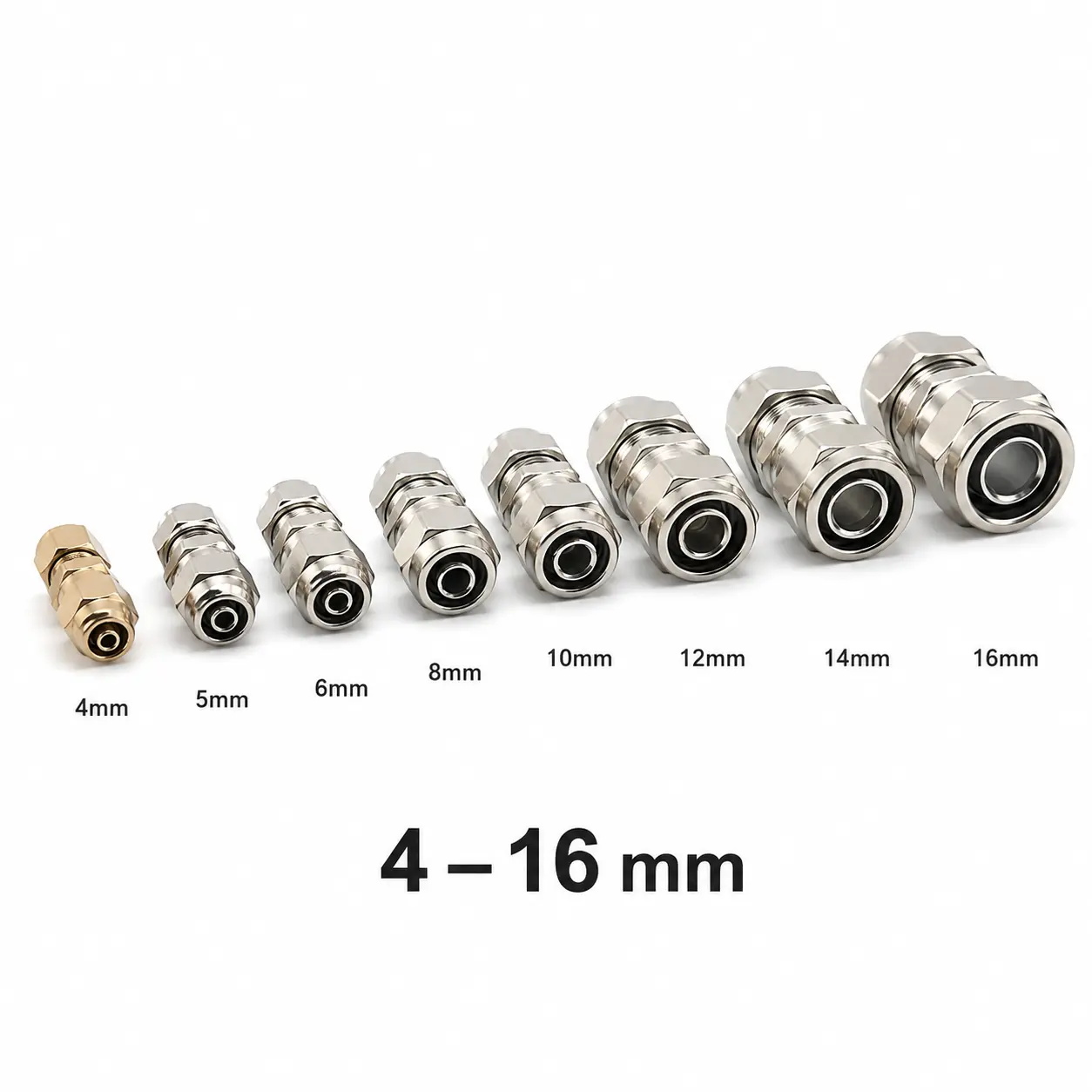 8-Piece Straight Air Line Fittings for Truck RV Air Compressor, Metric Compression Tube Fitting Kit 4/5/6/8/10/12/14/16mm OD, Nickel-Plated Brass Pneumatic Tube Repair Connector