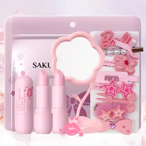 Laikou Sakura Lip Care Set, Moisturizing Lip Balm 3.5g X 3, Includes Makeup Mirror, Hairband, Clips, Rubber Bands