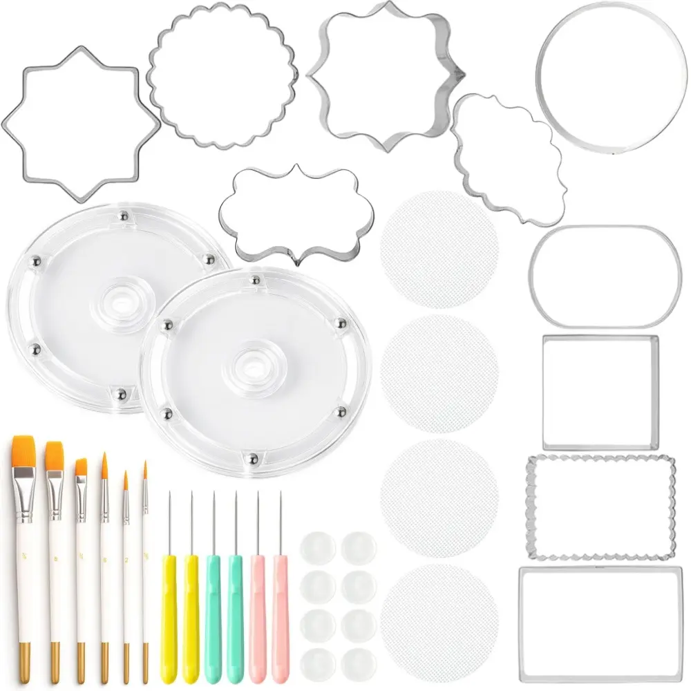 Cookie Decorating Supplies Including 2 Cookie Turntable 6 Cookie Scribe Needle 4 Mesh Mats 6 Cookie Decoration Brushes 8 Rubber Feet Bumpers and 10 molds