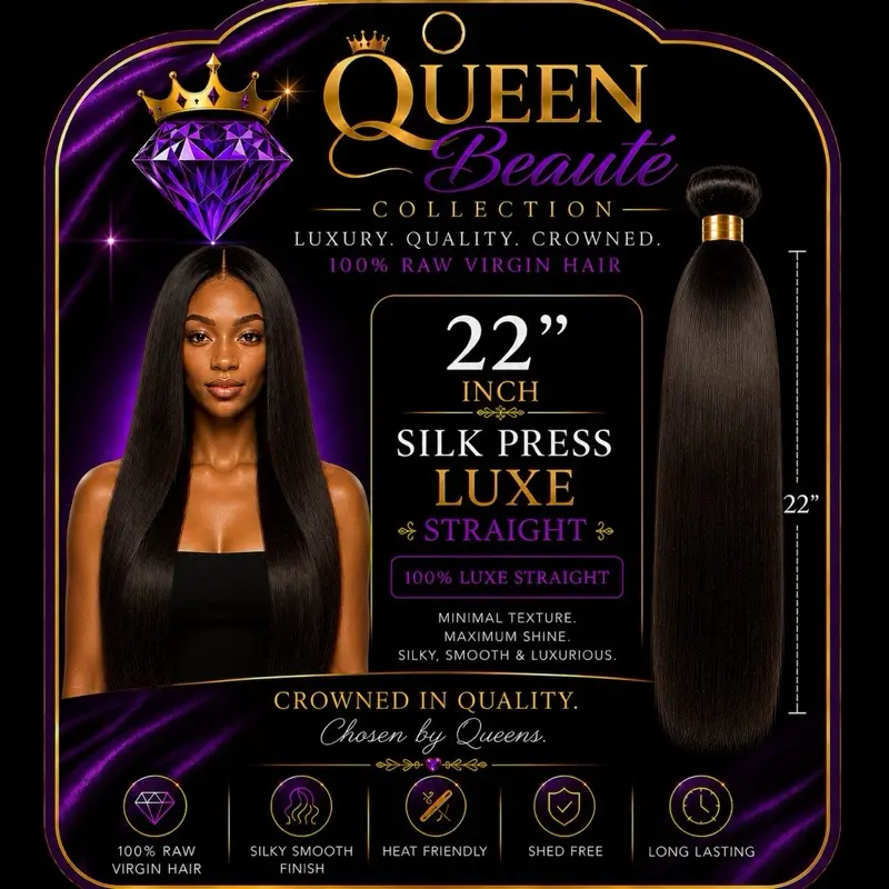 22” Silk Press Luxe Straight Bundle • Silken Soft Texture with Natural Luster • Tangle-Resistant & Minimal Shedding • Fully Customizable: Color, Curl & Heat Style • Rich, Full Density from Root to Tip • Exceptional Longevity with Proper care.