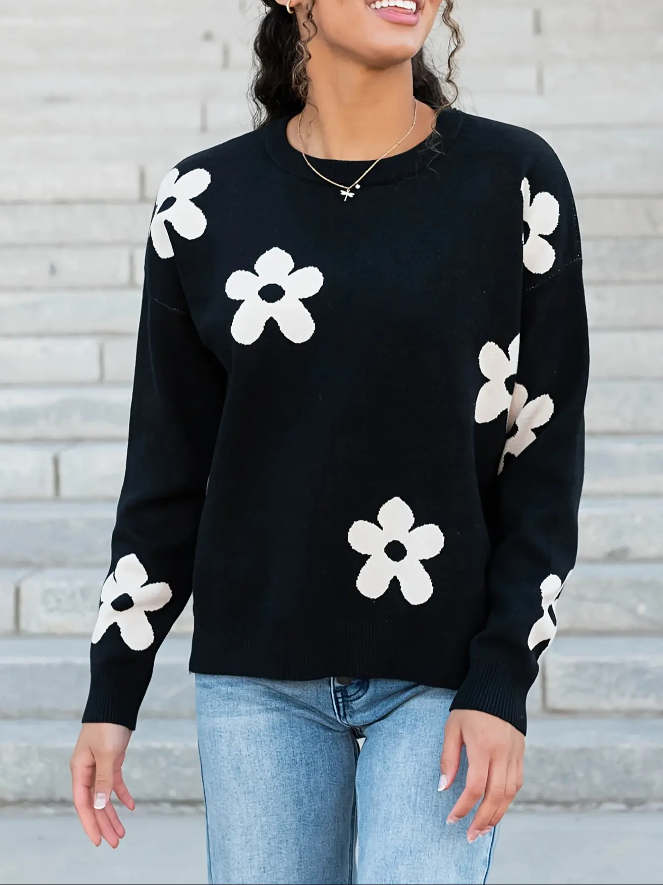 Autumn Winter Women's New Knitted Pullover Sweater Coat, Long Sleeve Casual Versatile Round Neck Floral Design, Perfect for Daily Wear