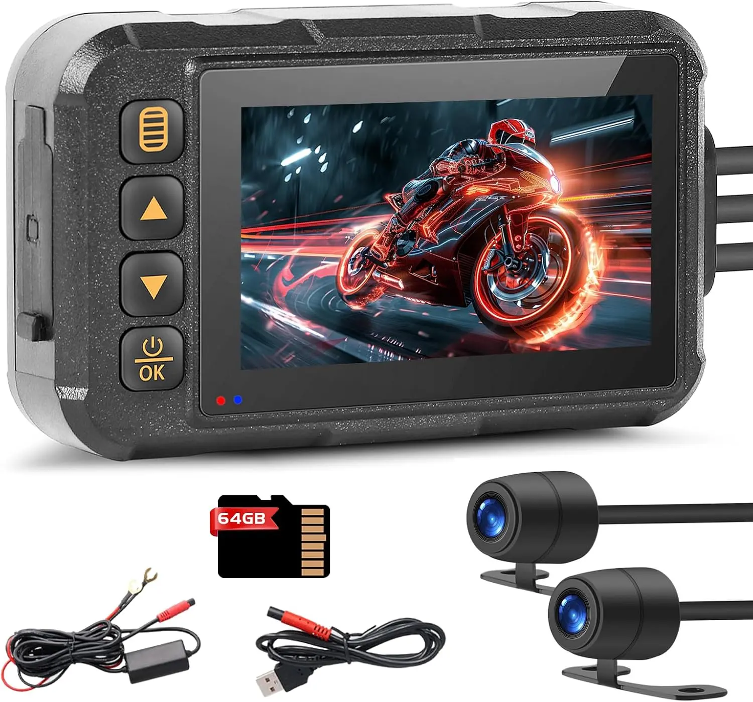Motorcycle Dash Cam with Dual Front and Rear Cameras, Fits All Motorcycles | 3.0" Screen Motorcycle Camera with 64GB TF Card, IP67 Waterproof, G-Sensor, Loop Recording, 24/7 Parking Mode