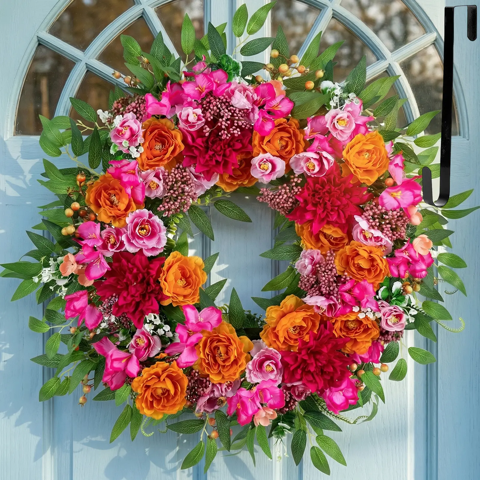 Summer Wreath with Hanger: Silk Decorative Artificial Flower Wreath with Dahila Peony Hydrangea for Front Door Porch Mantel Fireplace