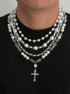 4 Piece Set Fashion Vintage Faux Pearl Crystal Beaded Pearl Embellished Layered Pearl Chain Necklace, Trendy Necklace, Hip Hop Trend Cross Pendant, Unisex Casual Jewelry Gift