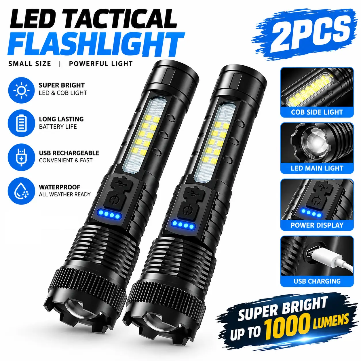 4/2Pcs Of Ultra-Bright Rechargeable Flashlights, Adjustable Tactical LED Flashlights, 7 Modes, Red And Blue Flashing Screen, High Power, Suitable For Home And Outdoor Use.