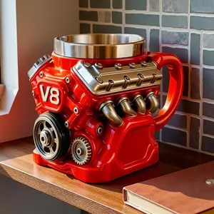 V6 V8 Engine Coffee Mug, 2026 New Retro Coffee Mug, Personalized Double Wall Insulation Car Mug with Handle Perfect for Father's Day, Valentine's Day, Husband Car Enthusiasts Home Kitchen Red Stainless Steel Drinkware