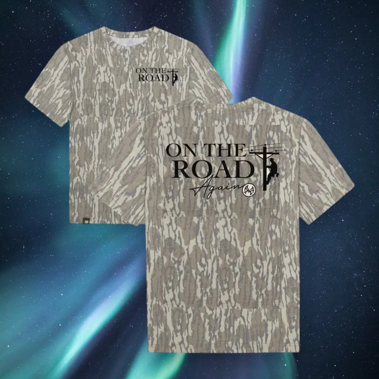 On The Road Again Lineman Full Print T-Shirt, Mossy Oak Bottomland Camo 3D All Over Graphic Tee, Men's Outdoor Workwear Shirt, Short Sleeve Camouflage Apparel, Utility Lineman Gift for Dad, Gift for Him