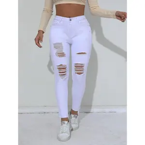 Ripped Skinny Fit Plain White Color Versatile Jeans Denim Pants, Women's Denim Jeans & Clothing Womenswear Bottom