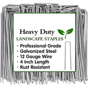 50 Pack Landscape Staples 4 Inch 12 Gauge Heavy Duty Galvanized Garden Stakes, U-Shaped Ground Staples for Securing Weed Barrier Fabric, Landscape Fabric, Irrigation Tubing & Fences