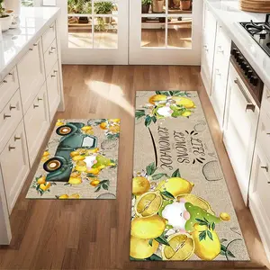 2Pcs Summer Lemon Car Floor Mat Set Abstract Art Sketched Printed Carpet Farmhouse Anti Fatigue Kitchen Carpet Anti Slip Washable Kitchen Restaurant Floor Sink Laundry Room Decoration Carpet Mat Washable Kitchen Rugs