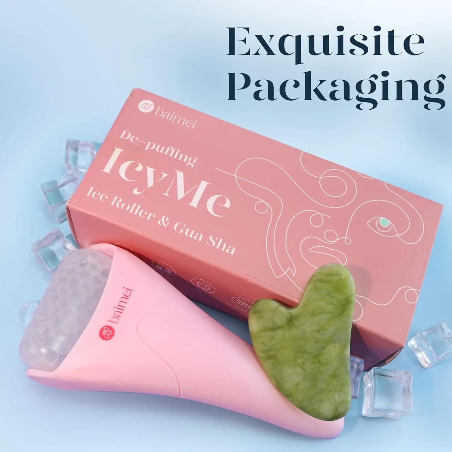 BAIMEI Icyme Ice Roller for Face and Gua Sha Facial Tool Set, Ice Face Roller Reduces Puffiness Relieves Migraines Skin Care Tools, Self Care Gift for Women - Pink