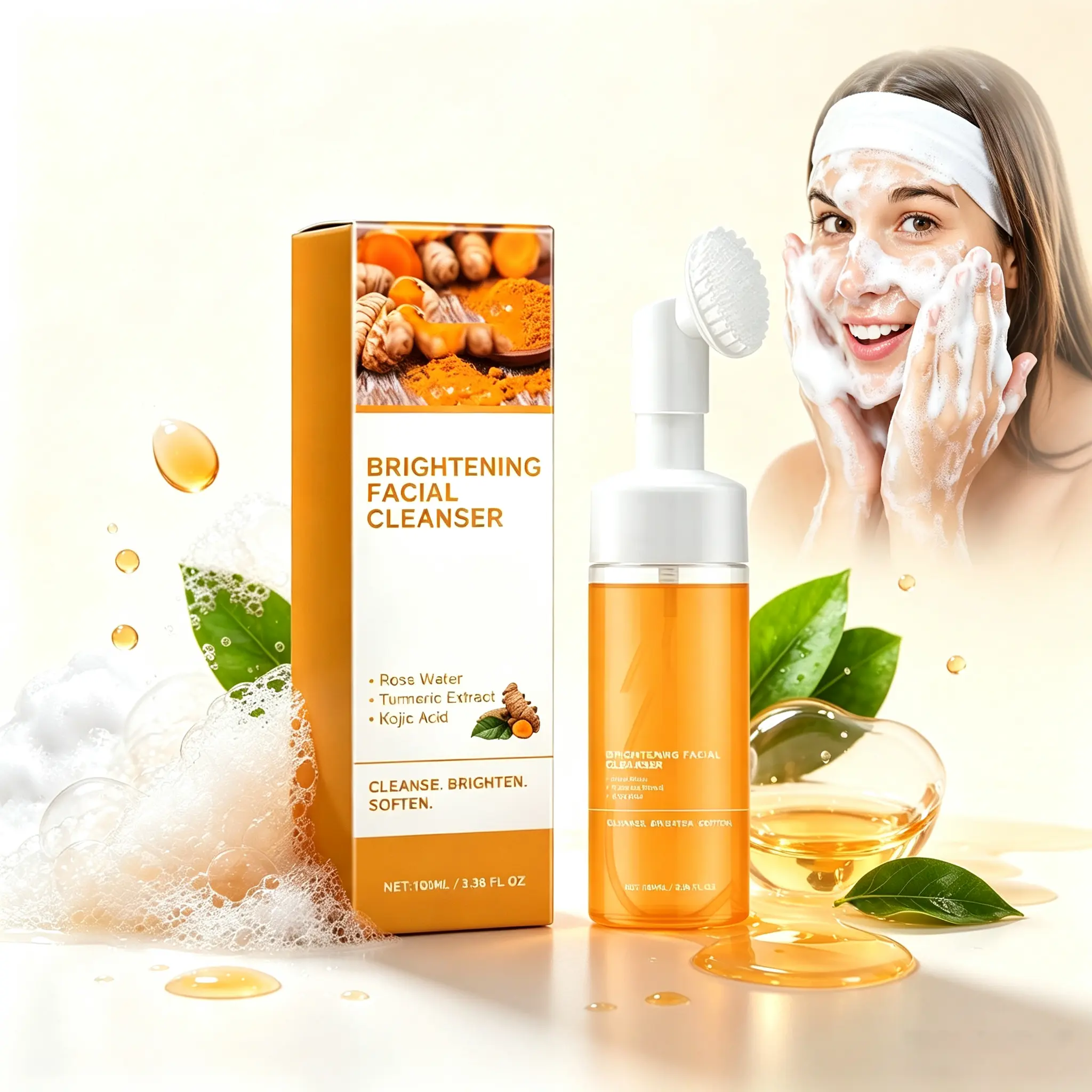 Turmeric Facial Cleanser 100ml, Creamy Rich Foam Gentle Deep Clean Face Wash, Hydrating Daily Skincare Wash for Sensitive, Dry, Oily & Combination All Skin Types