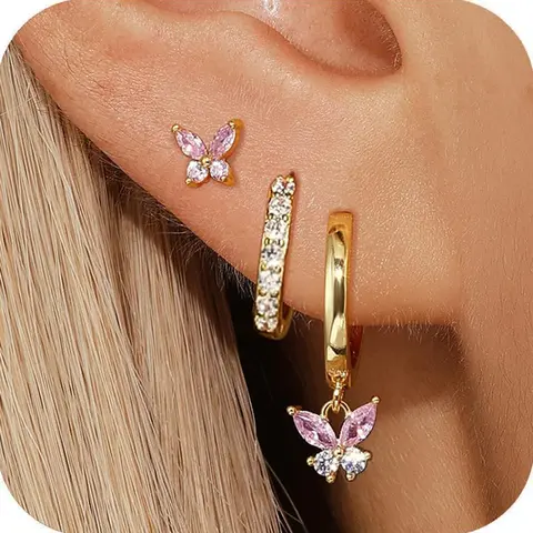 14K Gold Plated Hoop Earrings for Women, Dainty Pink Butterfly Star Sun Heart Hoop Earring Sets, Pink Earring Stacks Jewelry for Women Trendy