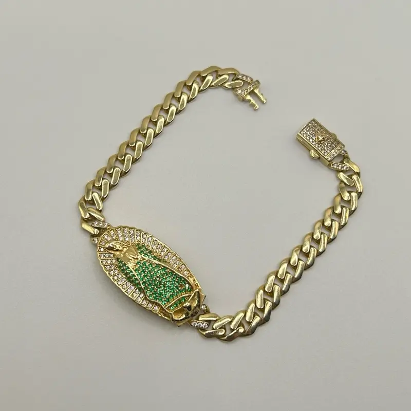 14K Solid Gold Virgen De Guadalupe Link Monaco Bracelet 8” 7mm
