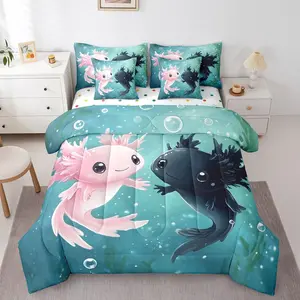 Pink Black Axolotl Comforter Set,for Girls Boys,Cute Axolotl Animal Kids Bedding Set,7-Piece Cartoon Salamander Bed in A Bag,Underwater World Wildlife Bed Set