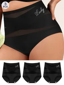 3pcs Shaping Briefs Shapewear Modern Design, Lucky Letter Embroidery Mesh Patchwork, Fitted Breathable Underwear for Postpartum Recovery, All Seasons