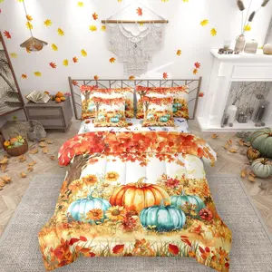 Fall Leaves Comforter Set with Sheets,Thanksgiving Pumpkin 7 Piece Bedding Set,Autumn Harvest Theme Garden Botanica Bed in a Bag,Fall Decor Farmhouse Thanksgiving Sunflower Bed Set