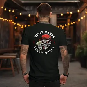 Men's 100% Cotton Casual Crew Neck T-Shirt - "Dirty Hands Clean Money" Skull Graphic, Short Sleeve, Soft and Comfortable, Ideal for All Seasons