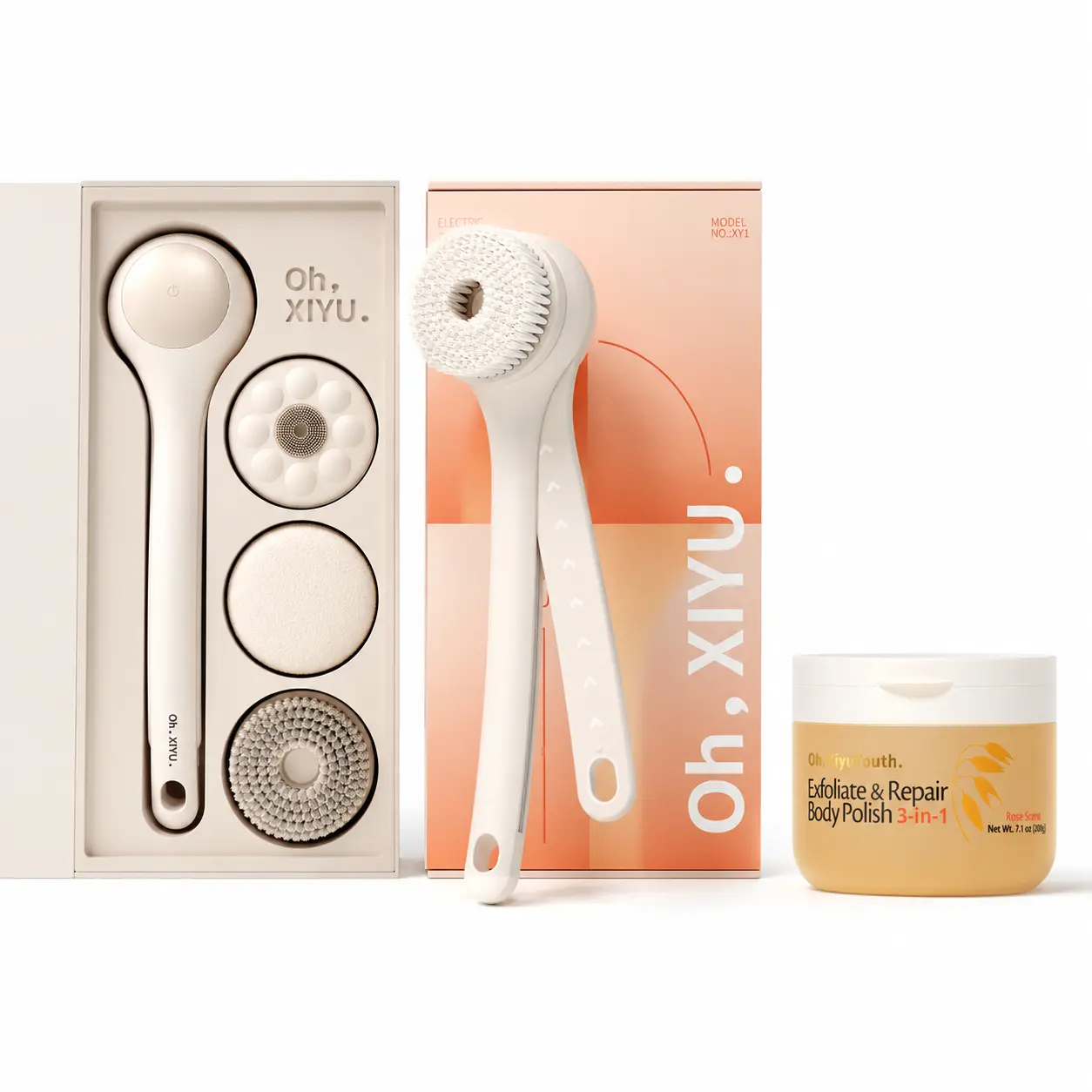 Oh, XiyuYouth Bath & Body Care Set, Dual-Handle Electric Body Brush & Sensitive Skin 3-in-1 Body Polish Scrub, Exfoliating & Blemish Care, Deep Hydration and Body Repair, Enjoy an At-Home SPA Experience