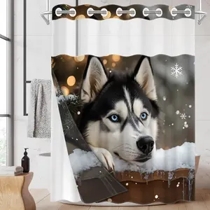 1pc hookless shower curtain with buckle lining, winter black and white husky snow scene design 2D flat print, fabric waterproof lining shower curtain with see-through window double layer shower curtain, 71 x 74 inches, modern home curtain decoration.