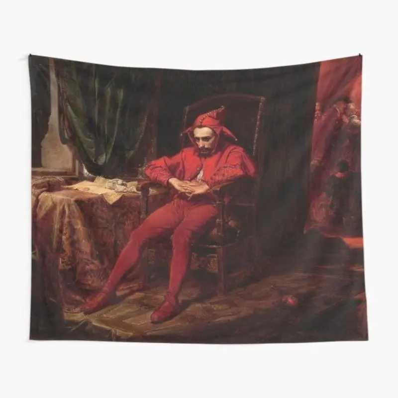 Jan Matejko Stanczyk Sad Red Jester Clown Tapestry, Home Decor for Bedroom & College Dorm, Funny Meme Wall Art Gift for Teens bedroom decor leopard room decor anime room decor cheap bedroom decor tapestry