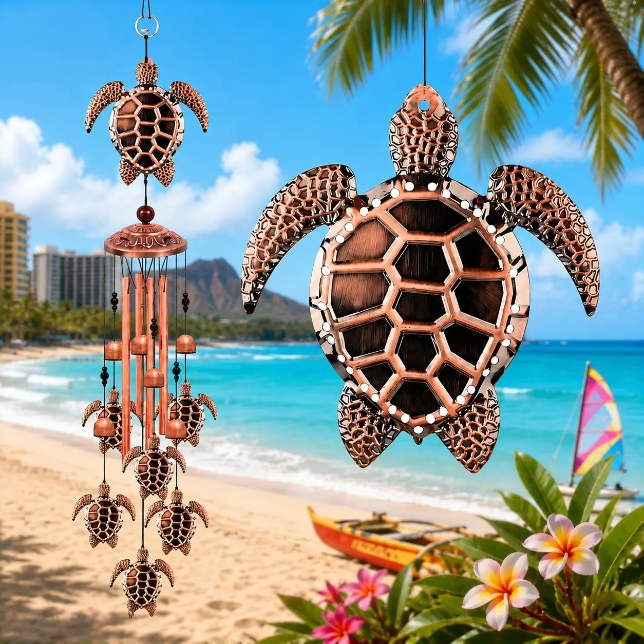 Coastal Sea Turtle Wind Chimes - Metal Home Decoration with 4 Aluminum Tubes & 6 Lucky Sea Turtles, Hanging Wind Chime for Garden, Yard, Patio,Indoor & Outdoor, Symbol of Health & Longevity, Sleek