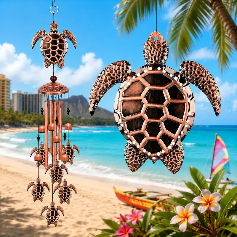 Coastal Sea Turtle Metal Wind Chimes - Iron & Alum. Home Garden Decor with 4 Aluminum Tubes, 6 Lucky Turtles, 85cm Harmonic Sound, Hanging Memorial Decor for Yard, Indoor Use, Symbol of Health & Longevity