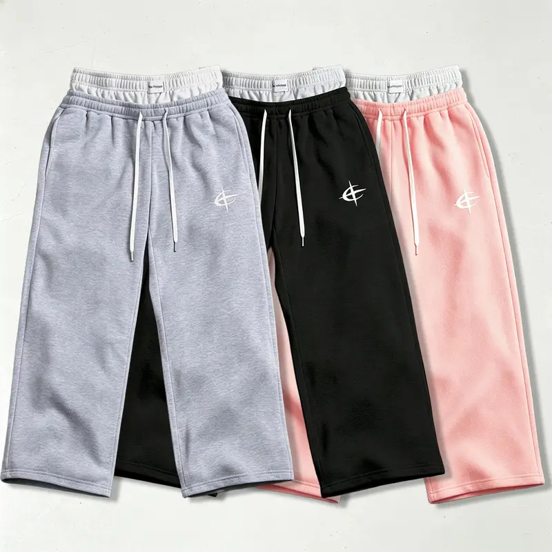 Unisex double-belt wide-leg sweatpants, baggy joggers with embroidered minimalist logo, loose-fit casual streetwear track pants