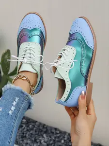 Elegant Women's Two-Tone Oxford Shoes, Comfortable PU Leather Flats for Formal, Office & Casual Wear, All-Season Fashion Footwear, Versatile Use, Blue Color