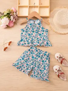 Girls' Fashion Floral Ruffle Halter Top + Shorts Set, Cute Valentine's Day Gift, Suitable for 3-8 Years, Summer Soft Comfortable Style
