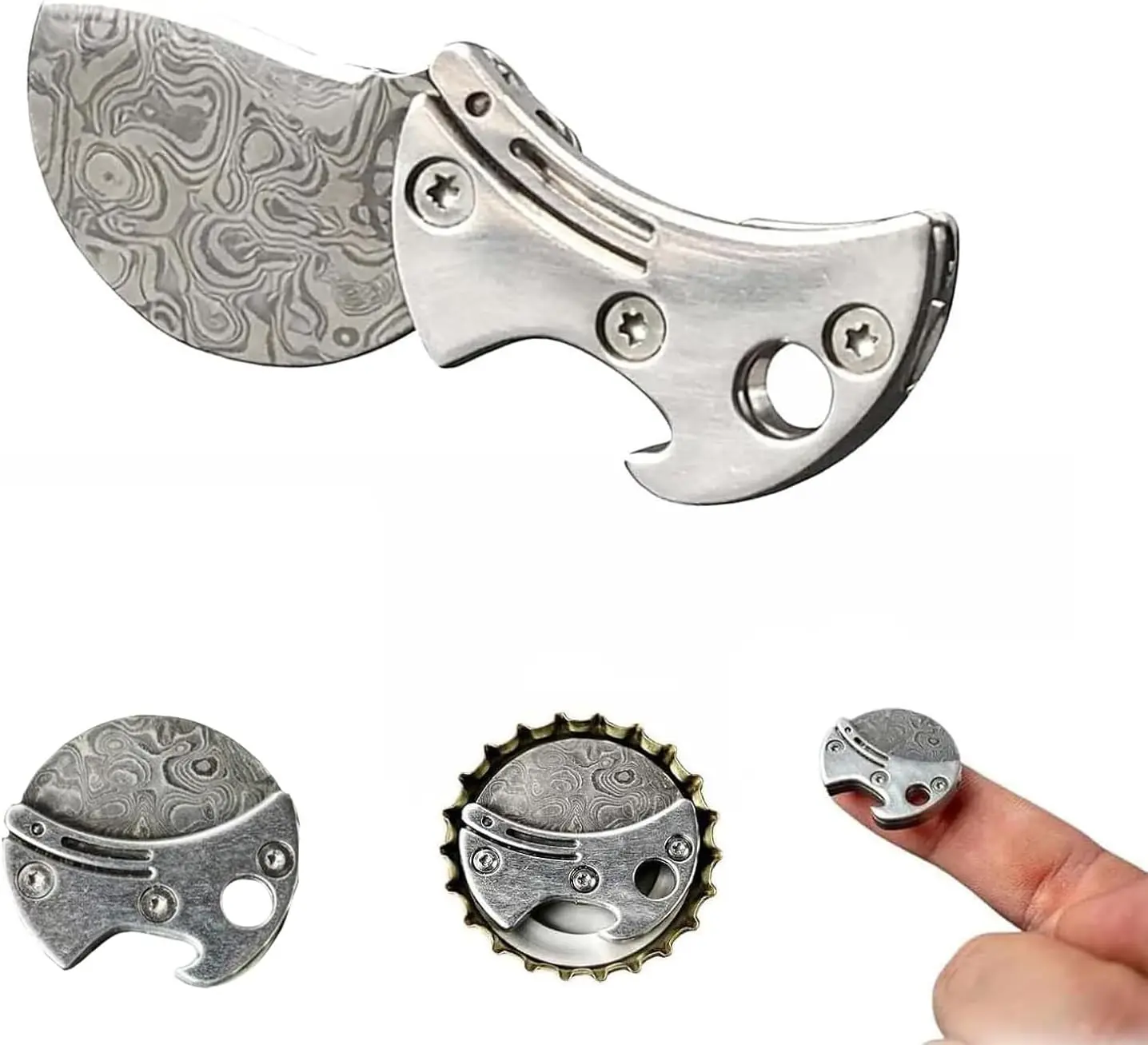 Titanium Mini Compact Beer Opener - EDC Cutter, Lightweight Portable Versatile Design Keychain Tool with Damascus Pattern, Pocket-Fit, for Hiking, Camping, Bar & Kitchen Use