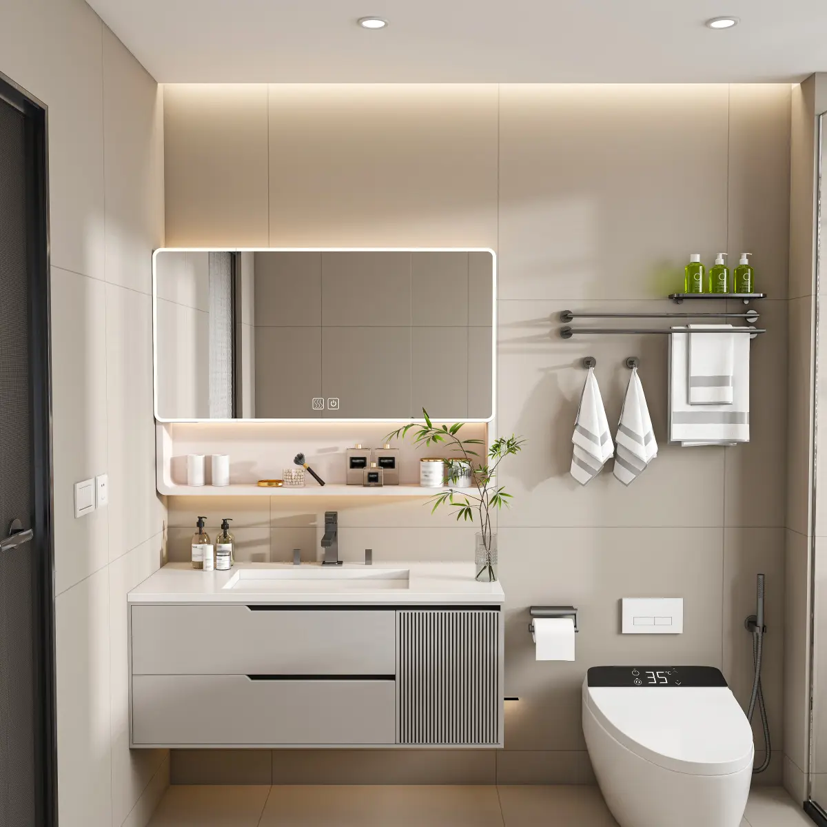 Aluminum Medicine Cabinet Mirror 35x28 Inch with LED Light, Anti-Fog Bathroom Mirror Cabinet Wall Mounted, Vanity Mirror with Cosmetic Storage Rack and Hair Dryer Holder