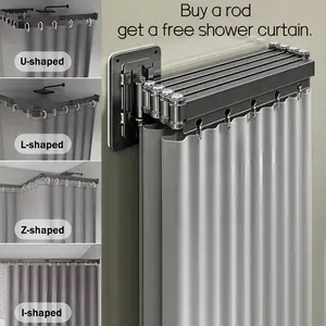 Shower curtain set, wall-mounted foldable aluminum alloy shower curtain rod, bathroom wet/dry separation, no drilling required, 360° adjustment, space-saving, rustproof and mildew-resistant, suitable for bathrooms, bathtubs, clothing stores, fitting rooms
