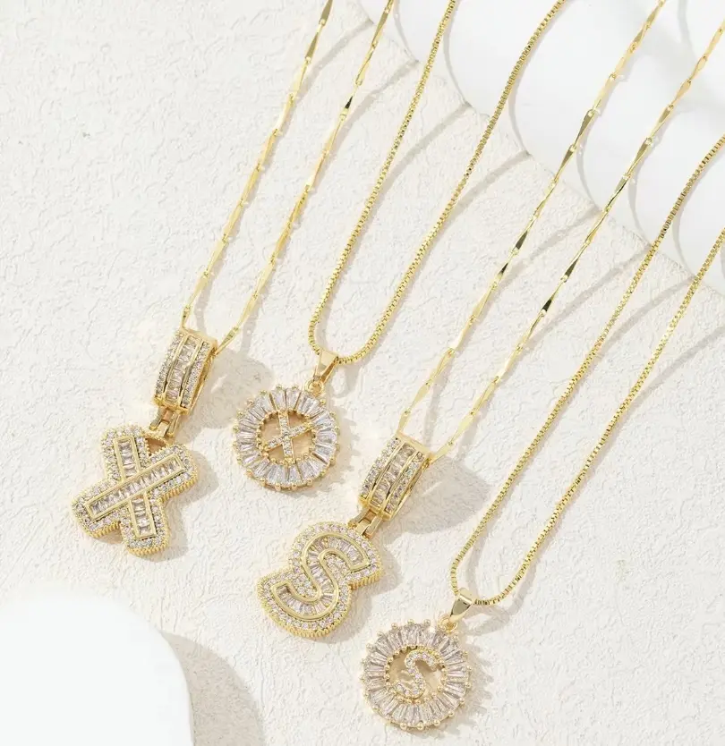 Women's Elegant 2-Piece Baguette Cut Letter Necklaces - Gold-Plated Cubic Zirconia A-Z Alphabet Pendant, Long Unisex Dainty Casual Daily Jewelry, Birthday Anniversary Gift with Gift Box, 2 Piece Sets, Initial Necklaces, Unisex Names, Custom Necklaces, Gol