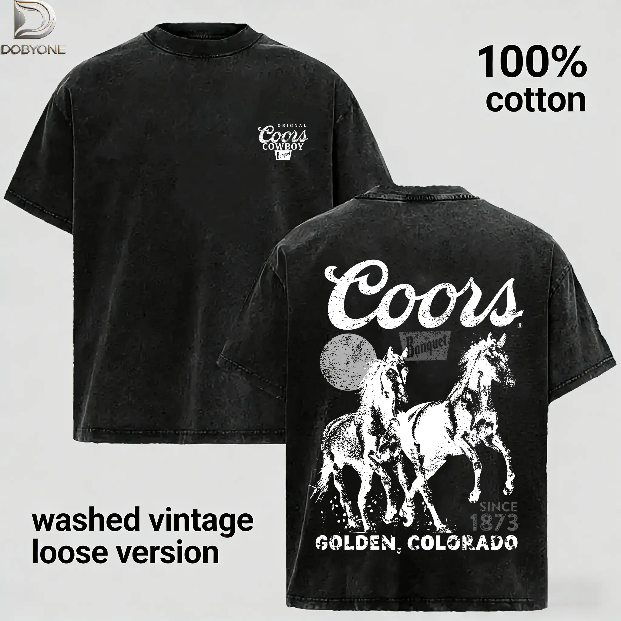 DOBYONE Retro Western Brewery Graphic Tee  Western Style Graphic Tee Vintage Washed Cotton Retro Cowboy Shirt for Men and Women
