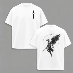 Double-sided printed dark-style T-shirt with ink-wash angel and swordsman pattern and cross symbol. Street style loose fit, unisex casual top. good graphic tees