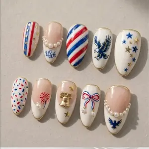 Handmade Patriotic USA Press On Nails American Flag Pearl Bow 4th of July Nail Art Gif For Her On Independent Day